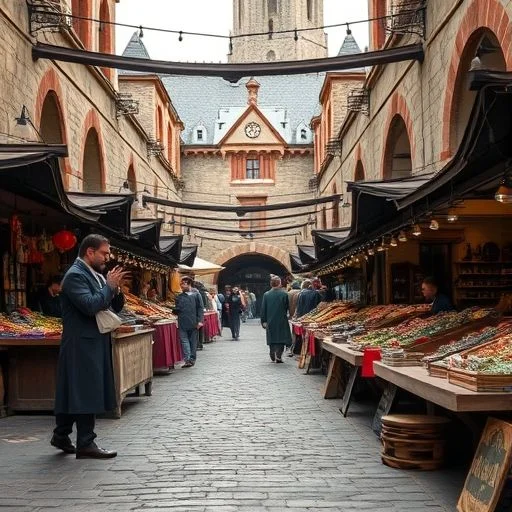 An artfully arranged, rustic still life showcasing authentic medieval market provisions. A woven straw basket overflows with dark, crusty artisan bread loaves. Beside it, aged cheeses wrapped in linen, earthenware pots filled with dried herbs, and a cluster of root vegetables. A simple wooden goblet and a ceramic jug are also present. The scene is bathed in warm, natural, dappled light, highlighting the textures of food, wood, and clay. Rich, earthy color palette. Dutch Golden Age painting style, hyper-realistic, inviting, abundant.